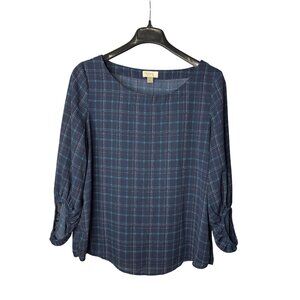 LOFT Factory Sheer Blouse Top Size XL Plaid Navy Blue White Polyester